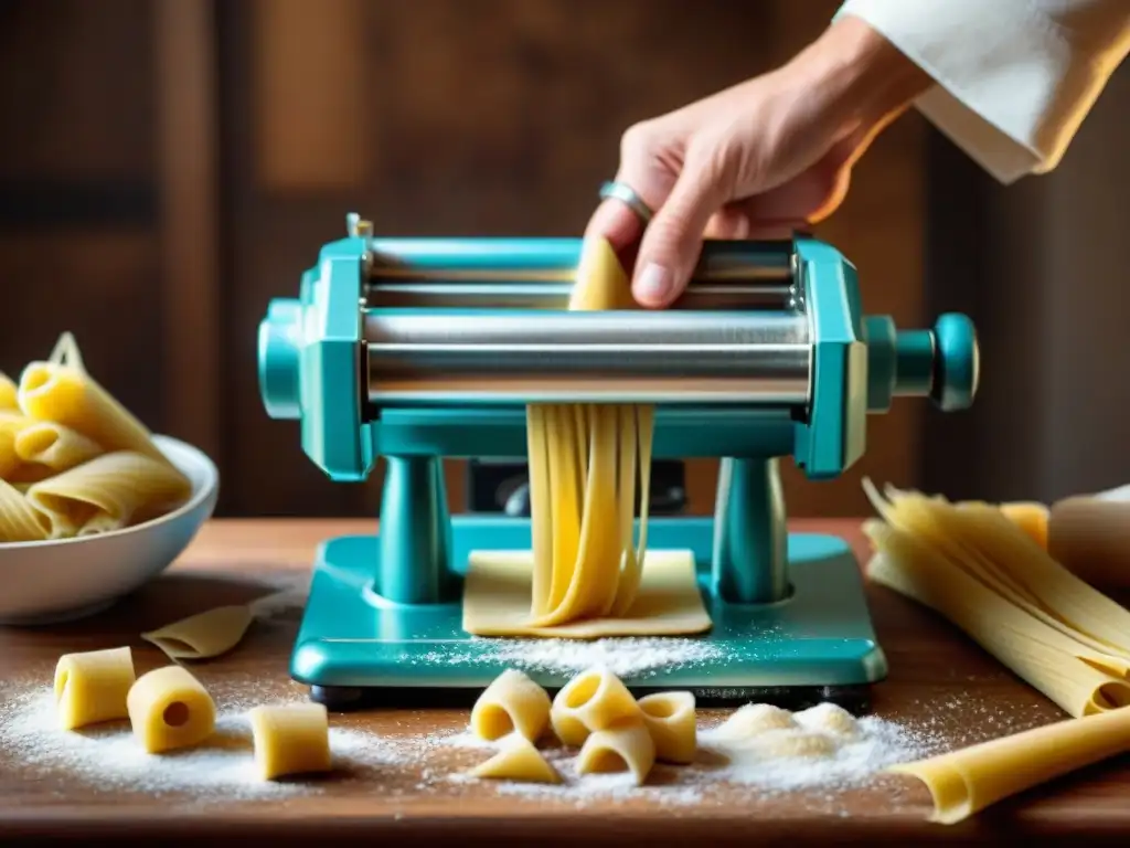 Manos expertas manejan una prensa de pasta italiana, creando formas perfectas en una atmósfera tradicional y cálida