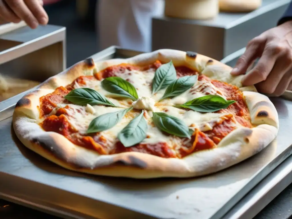 Manos expertas en la preparación de pizza al taglio romana técnicas en un mercado callejero de Roma