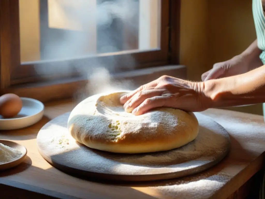 Unas manos expertas moldeando una puccia salentina tradicional, con harina esparcida y luz solar en una cocina rústica