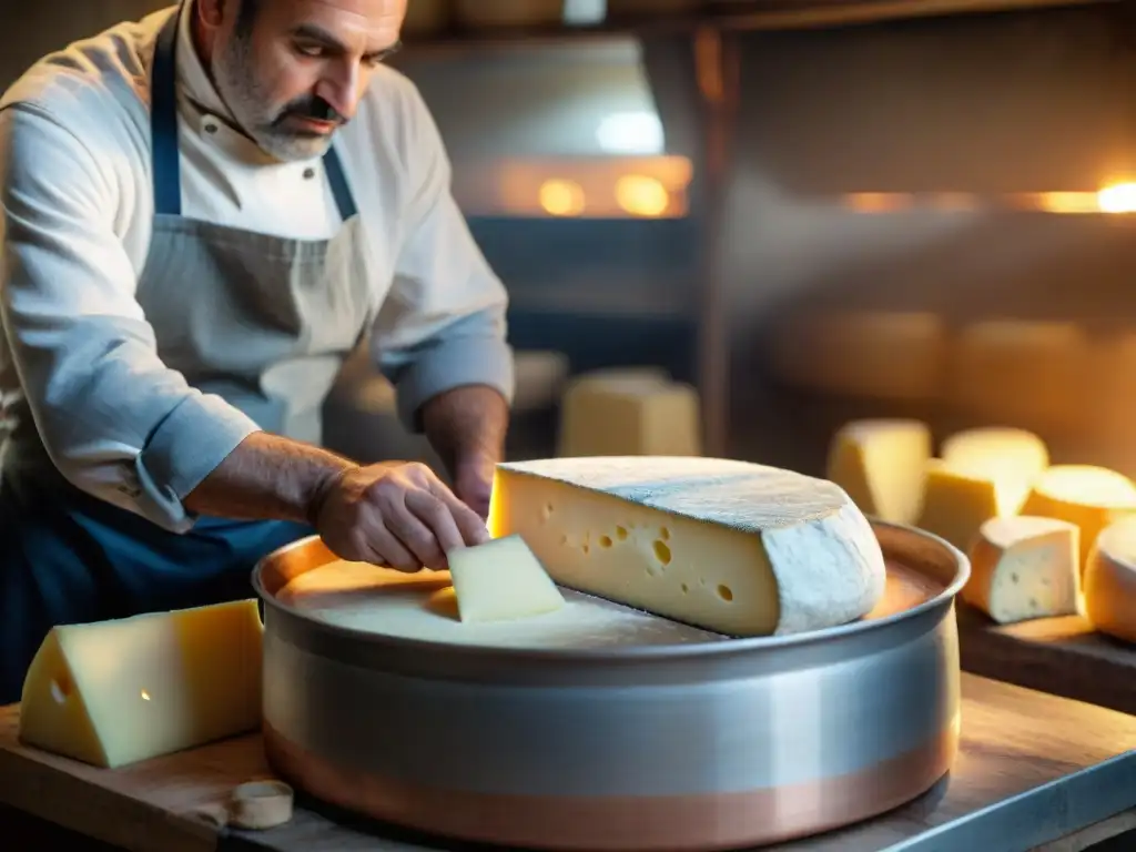 Maestro quesero italiano elaborando Gorgonzola artesanal Manos expertas elaborando queso Gorgonzola authentic en antigua fábrica italiana