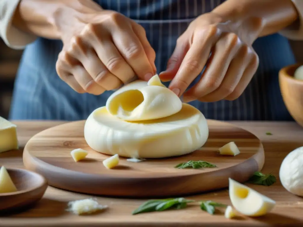 Unas manos expertas moldean queso fresco italiano en una receta casera, evocando tradición y maestría culinaria