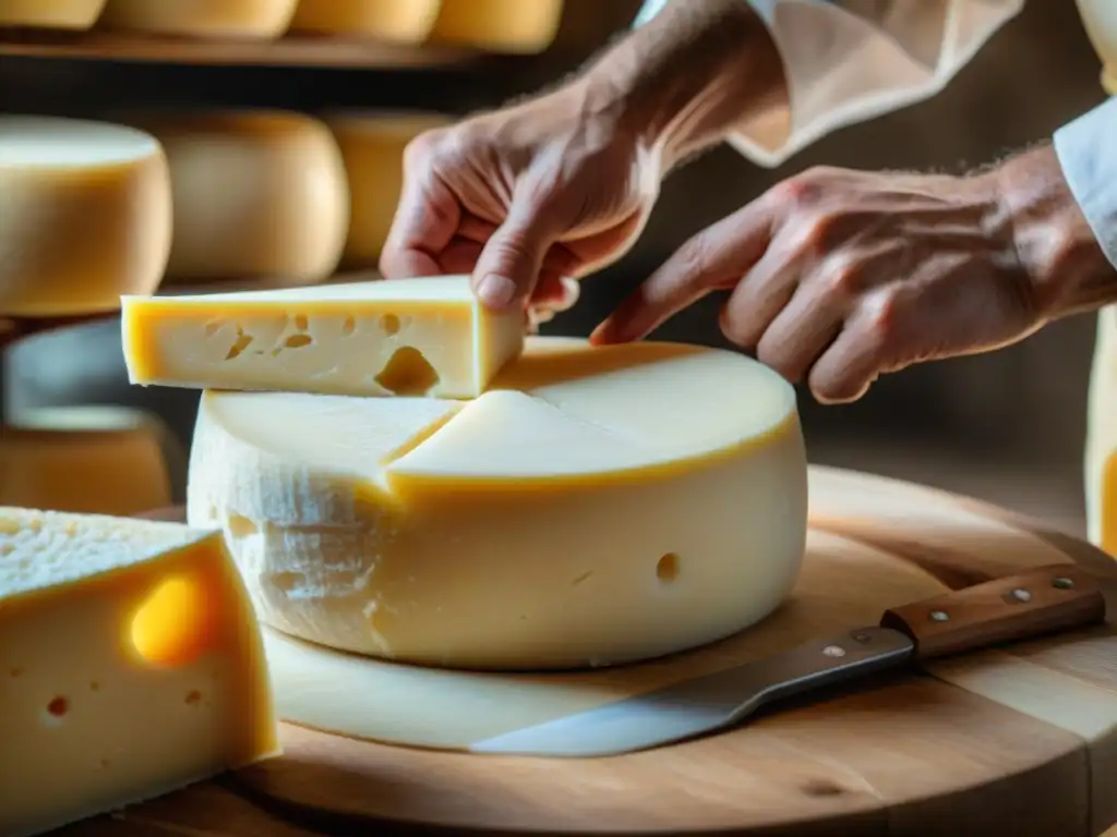 Manos expertas elaborando queso Parmigiano Reggiano, reflejando la tradición de los quesos italianos con sello DOP