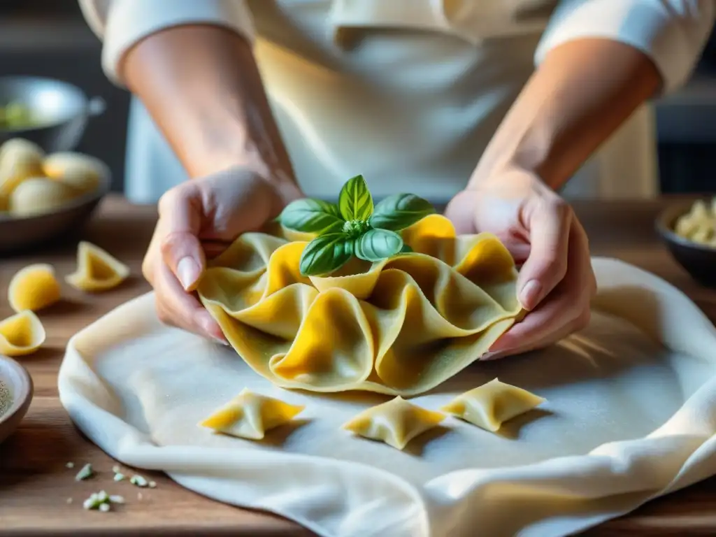 Manos expertas elaborando Receta Agnolotti del plin vegetariano en cocina rústica