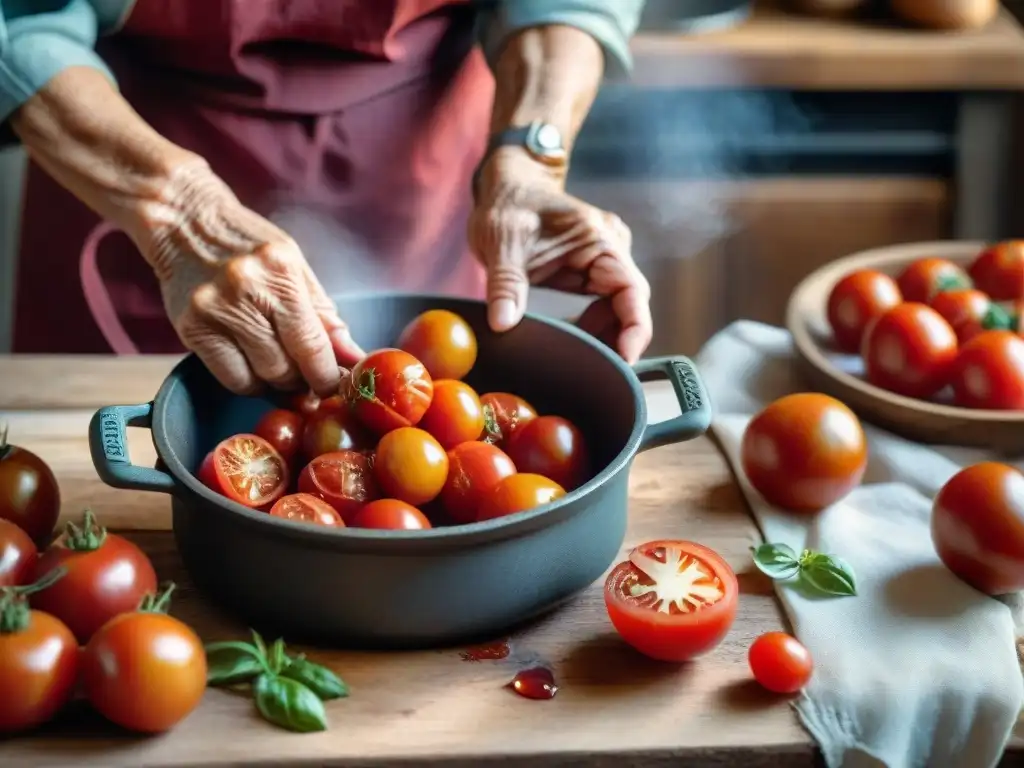 Manos expertas preparando receta auténtica salsa tomate italiano en cocina rústica