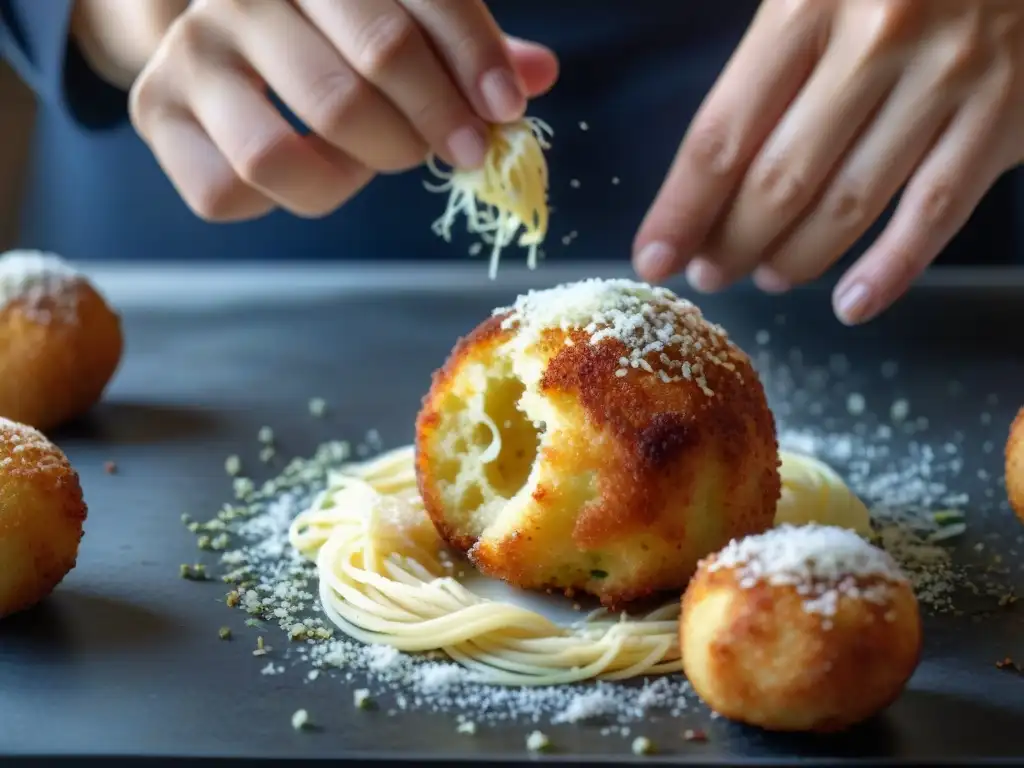 Unas manos expertas moldean arancini, realzando la receta Supplì al Teléfono Romanos