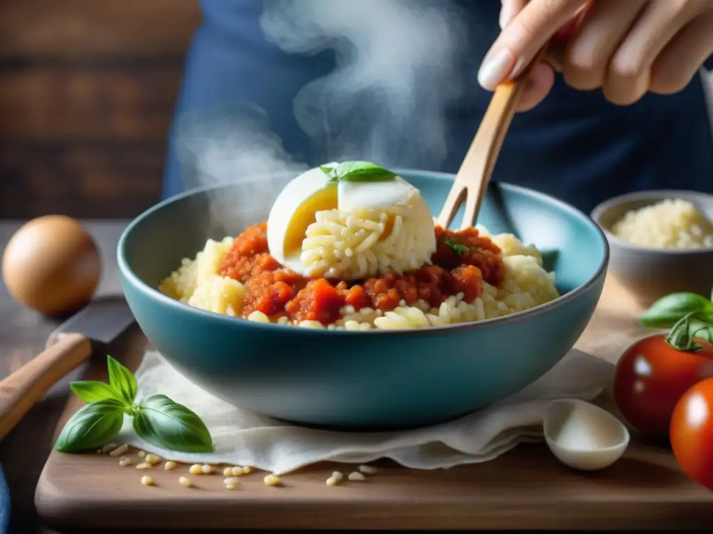 Unas manos expertas moldean el risotto en bolas para preparar la receta Supplì al Teléfono Romanos