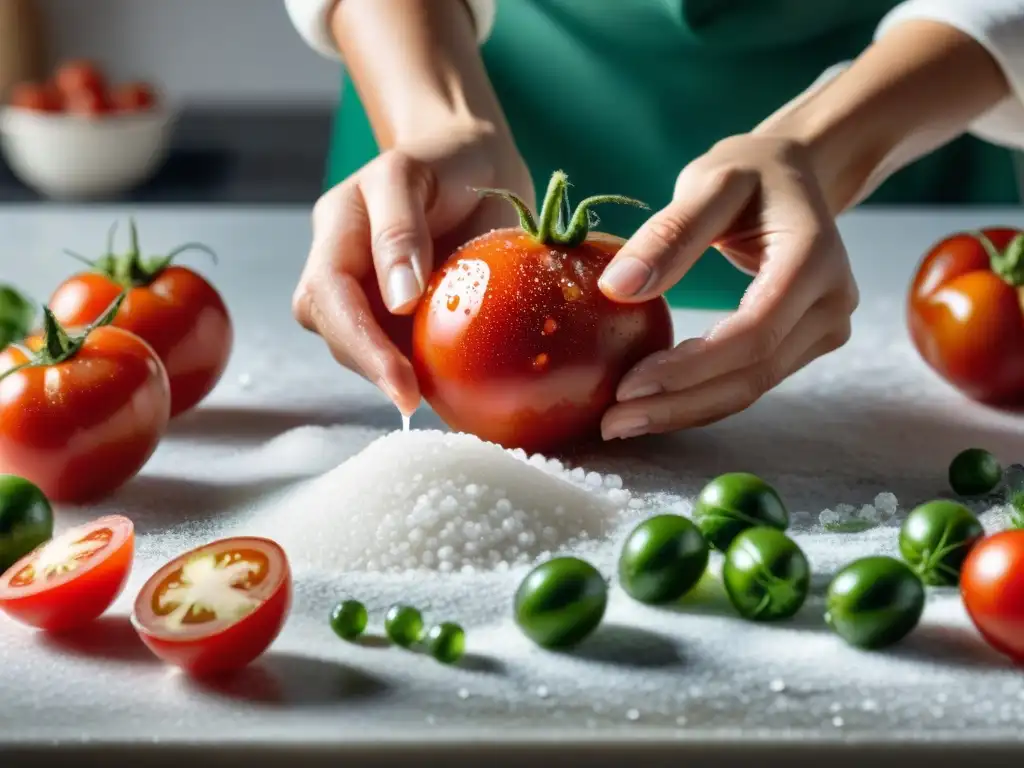 Manos expertas esparciendo sal marina sobre tomates recién cosechados en mesa de cocina italiana