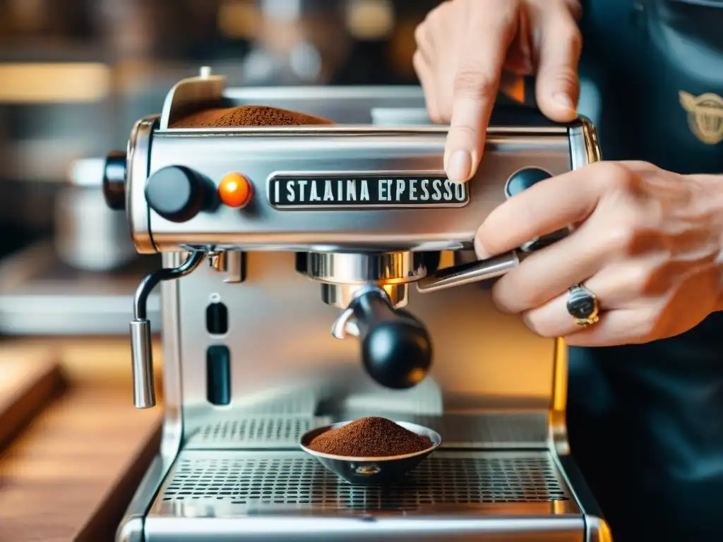 Manos expertas tamping granos de café para espresso