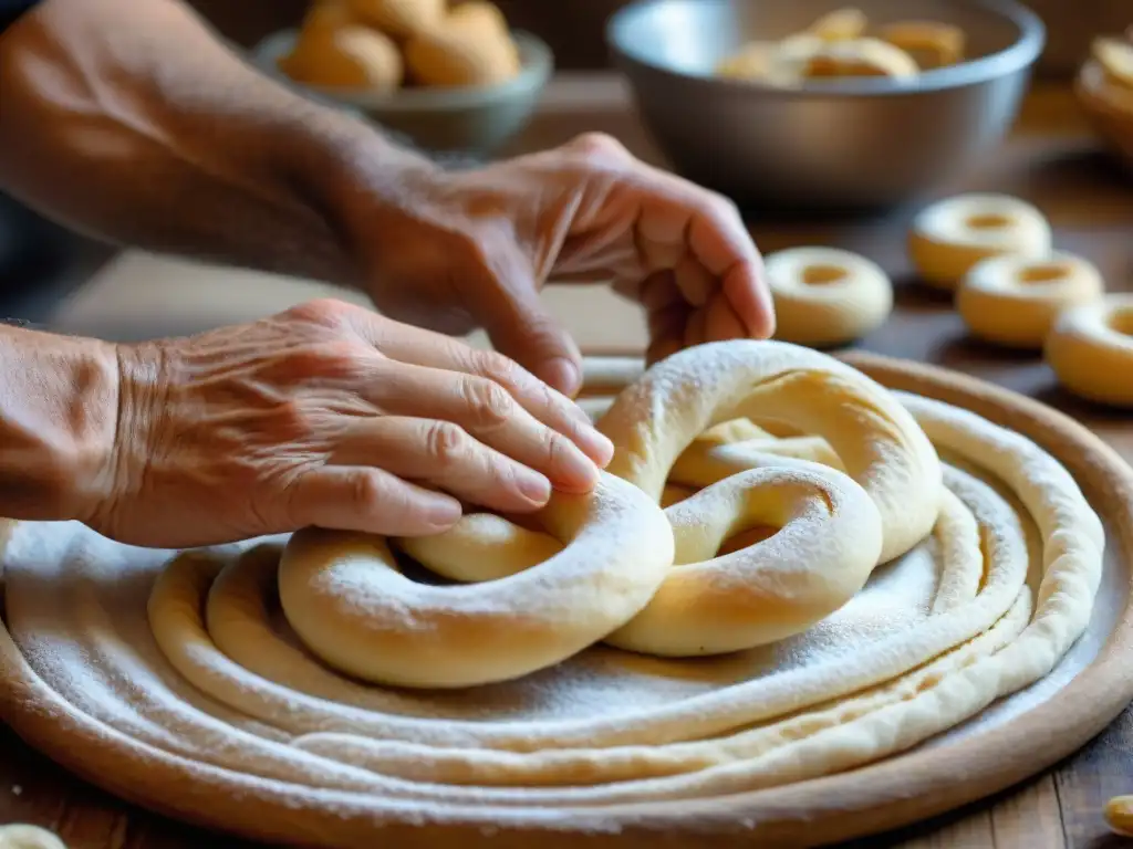 Manos expertas formando Taralli en Apulia, conectadas con la receta tradicional taralli Apulia en una cocina rústica