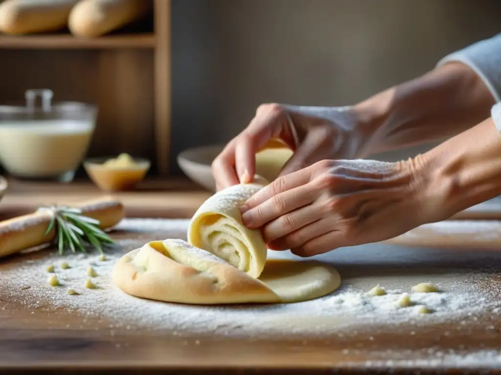 Unas manos expertas amasan tiras de masa para grissini en una escena rústica de cocina italiana