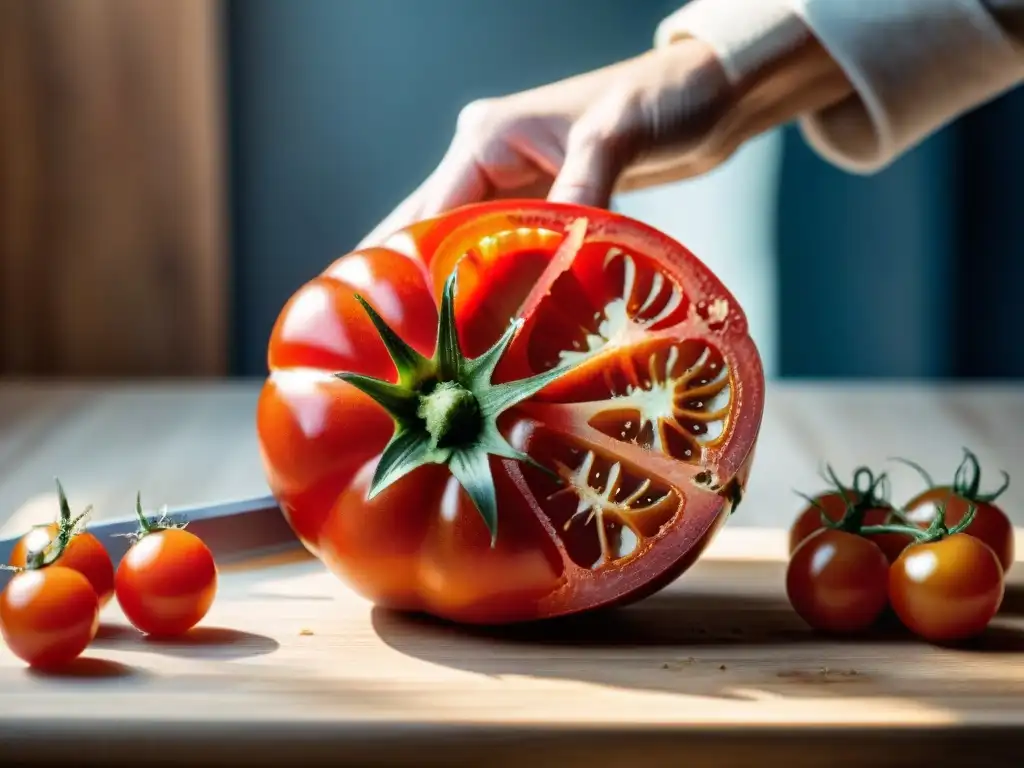 Manos expertas cortando tomate rojo maduro, jugoso y brillante, sobre tabla de madera rústica