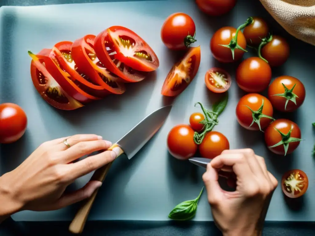 Unas manos expertas cortan tomates rojos para la salsa amatriciana receta auténtica, destacando frescura y arte culinario