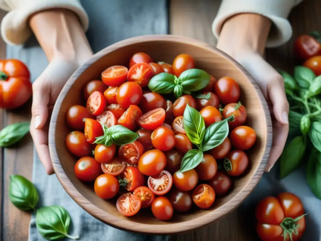 Unas manos expertas aplastando tomates San Marzano en un tazón de madera, resaltando ingredientes frescos para salsa de tomate San Marzano