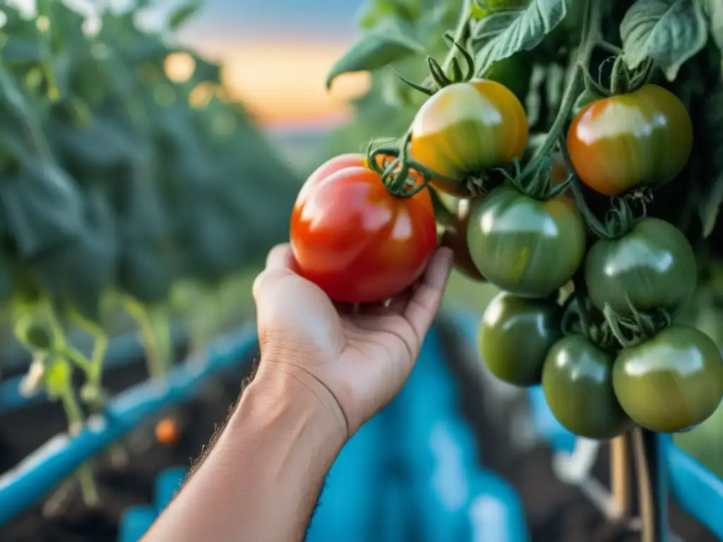 Manos expertas cosechan tomates San Marzano al amanecer en viñedo italiano, clave 'Receta auténtica salsa tomate italiano'