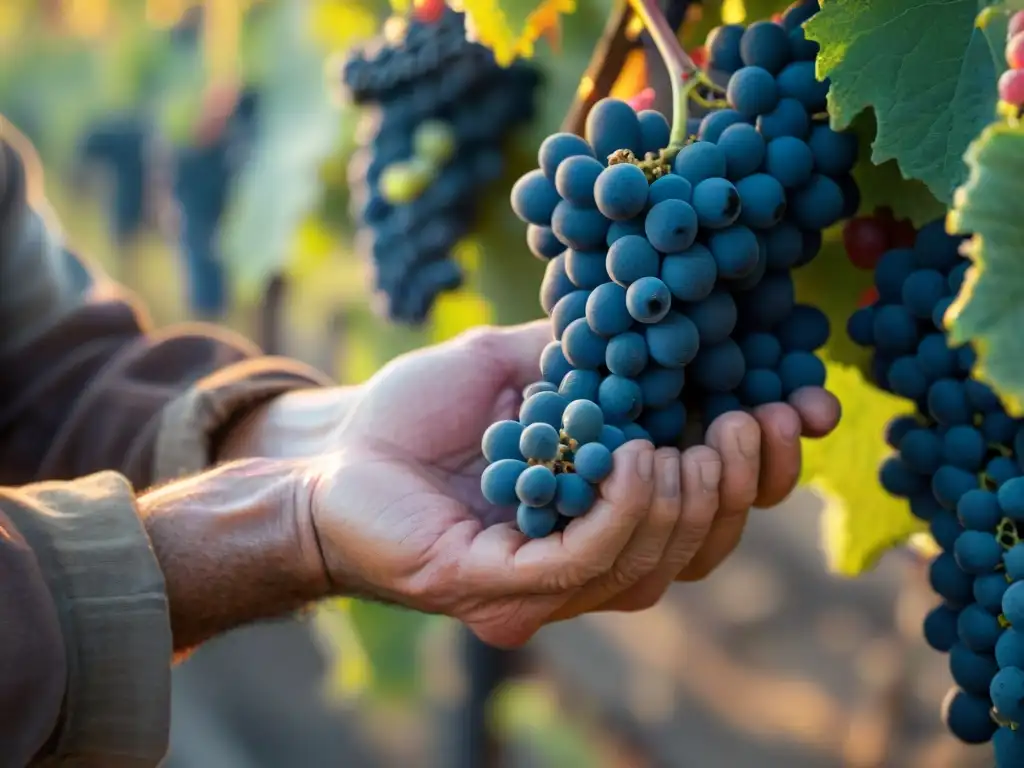 Manos expertas recolectando uvas Sangiovese al amanecer, en un viñedo italiano