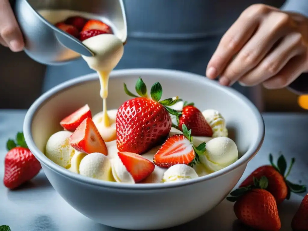 Manos mezclando fresas frescas en base de gelato cremoso