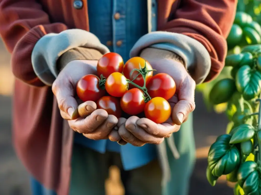 Manos de granjero italiano sostienen tomates maduros al sol, reflejando la esencia de la cocina campesina en el centro de Italia