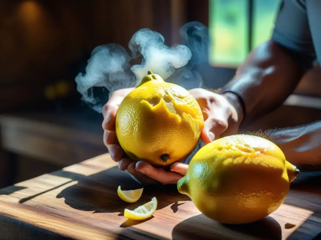 Unas manos hábiles pelan limones maduros sobre una mesa rústica, creando licores italianos caseros recetas tradicionales