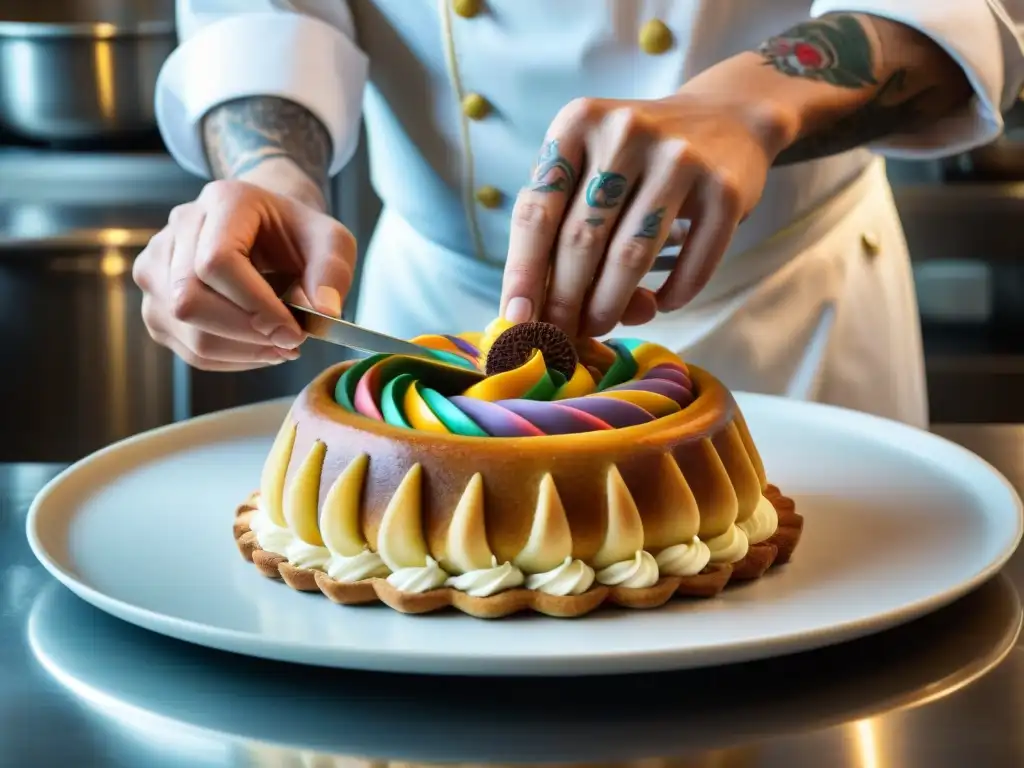 Manos hábiles decorando postres italianos con boquilla, en cocina llena de utensilios