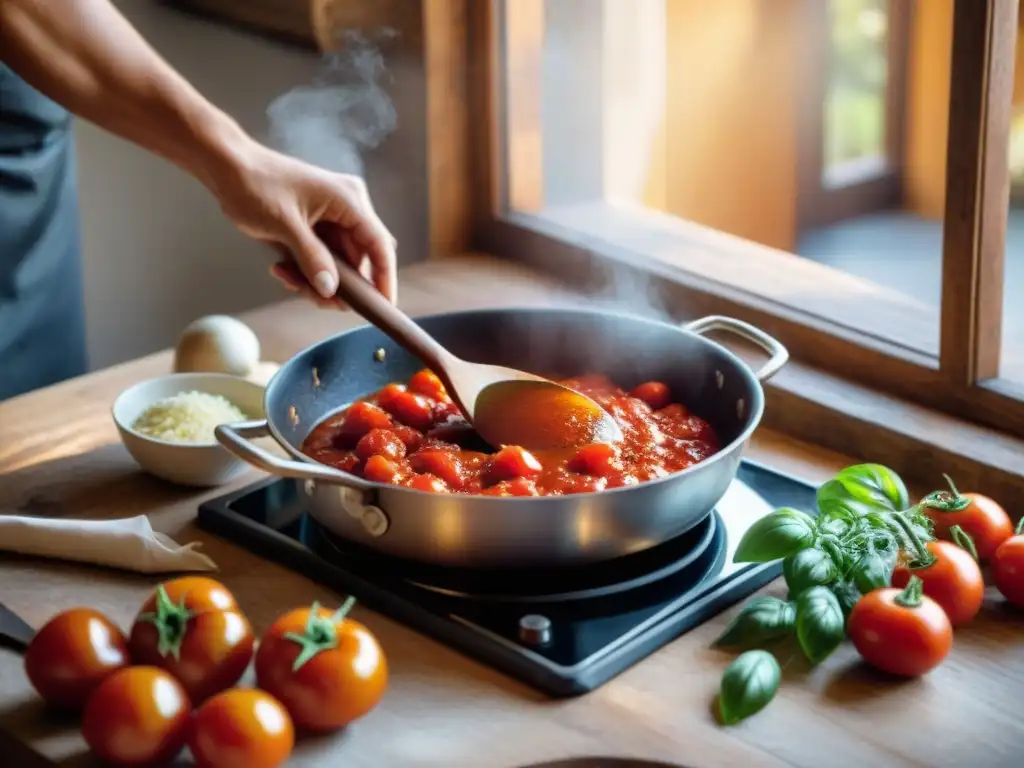 Unas manos hábiles preparan salsa de tomate italiana en una cocina rústica