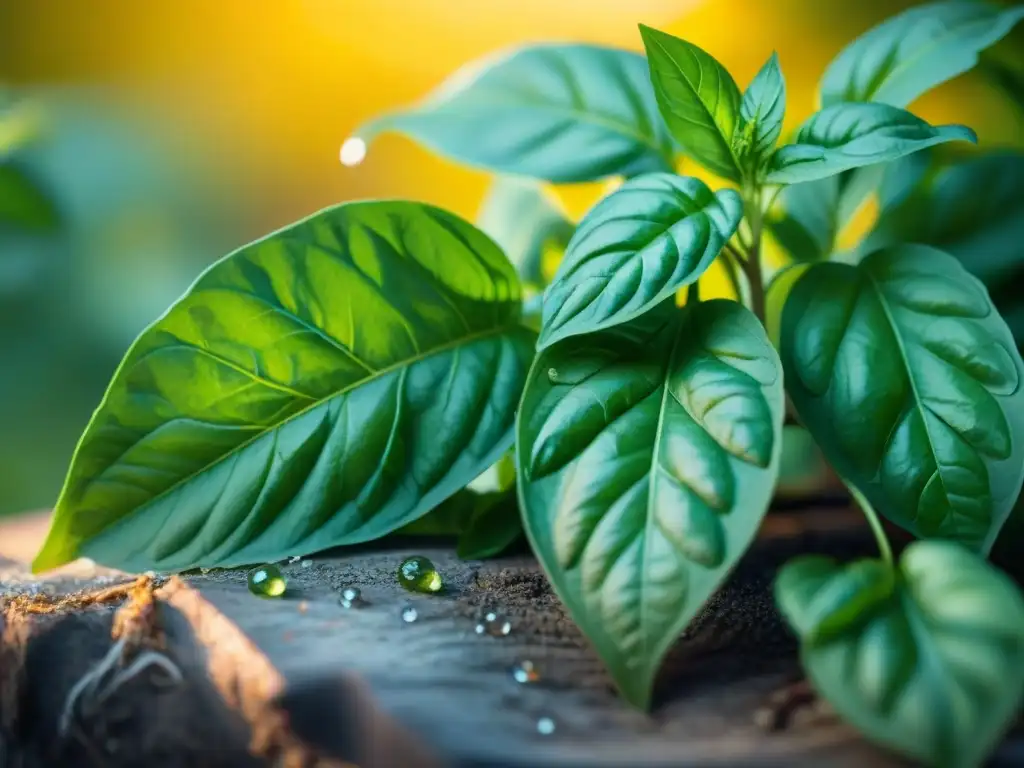 Manos recogiendo hojas de albahaca fresca en un jardín soleado