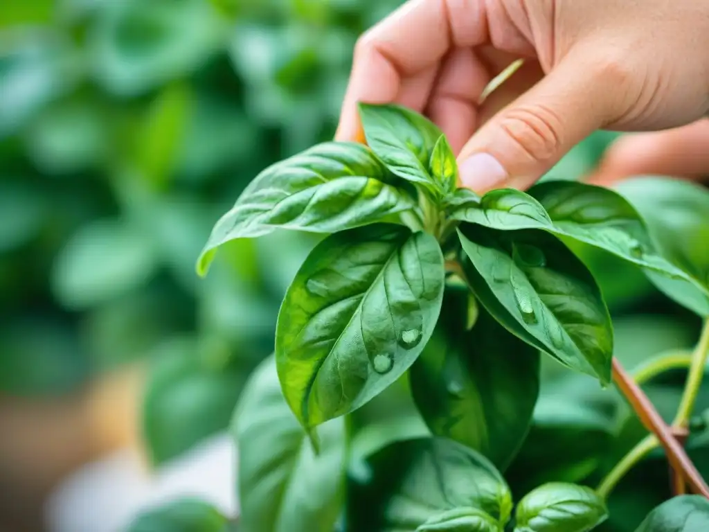 Manos recolectando hojas de albahaca fresca en un jardín soleado, con rocío matutino