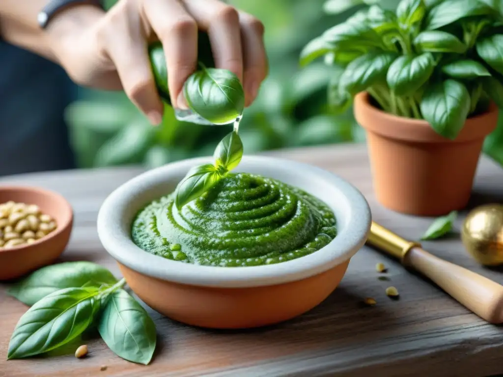 Manos recogiendo hojas de albahaca en jardín italiano al sol, con gotas de rocío