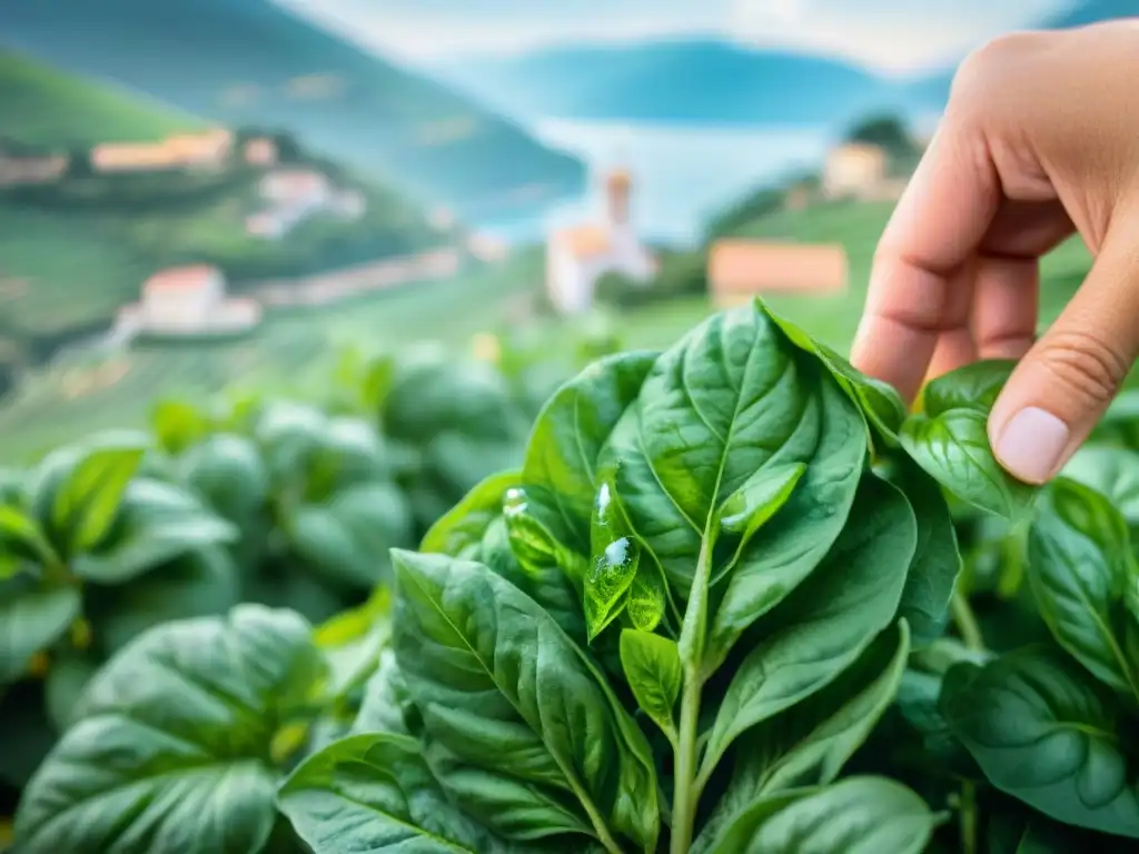 Manos cosechando hojas de albahaca bajo el sol de Liguria para una receta auténtica pesto genovese