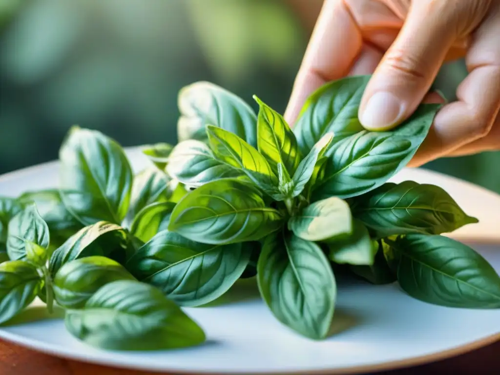 Manos recolectando hojas frescas de albahaca en un jardín italiano soleado