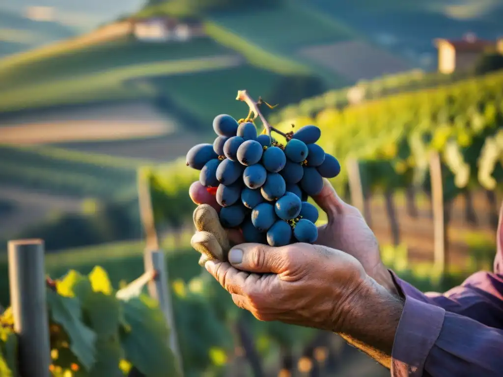 Manos laboriosas de trabajador vitivinícola en viñedo de Piemonte Italia, con uva Nebbiolo recién cosechada al atardecer