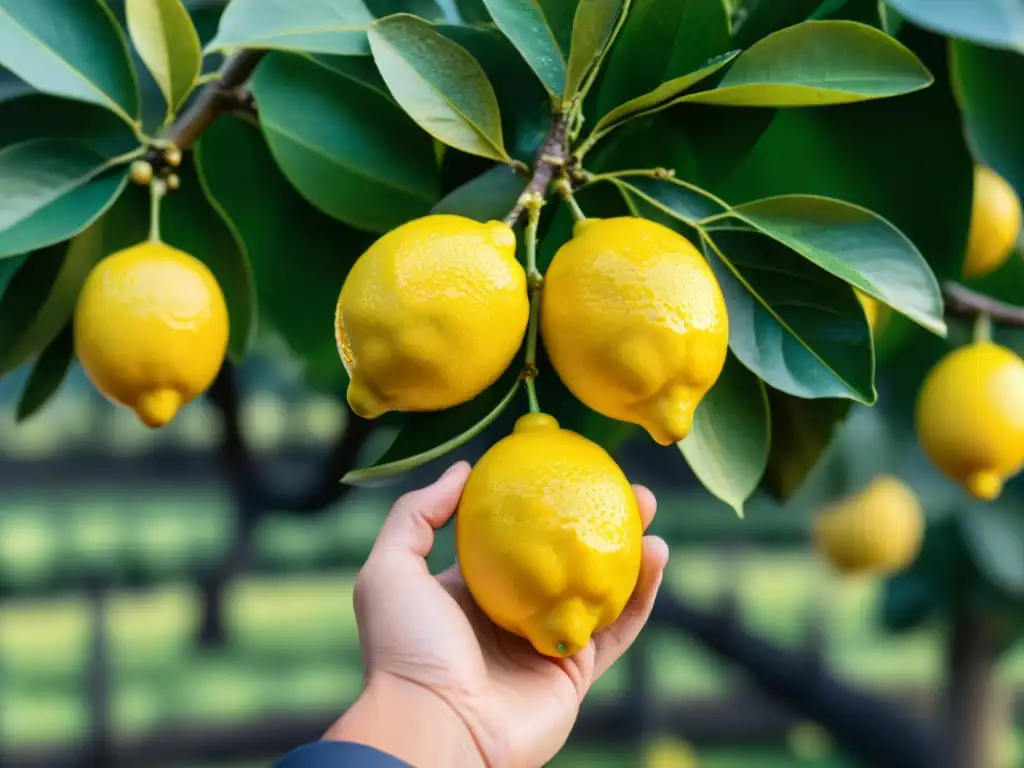 Manos recolectando limones amarillos frescos en un huerto italiano soleado, con gotas de rocío