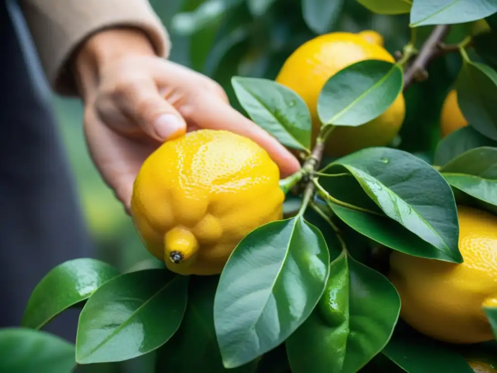 Manos recogen limones frescos en los campos soleados del sur de Italia, destacando sus colores brillantes y el rocío matutino