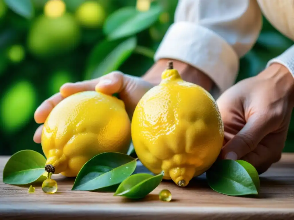 Manos exprimen limones frescos, brillando gotas de jugo al sol