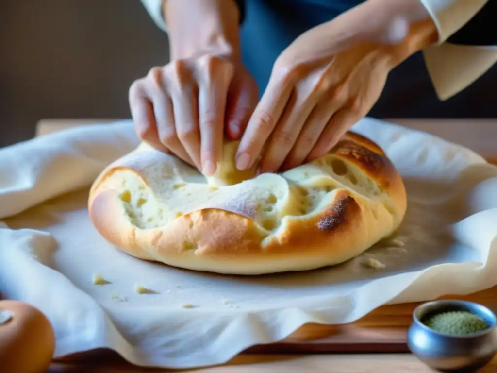 Manos amasando masa para focaccia italiana receta tradicional, detalle textura y sombras suaves