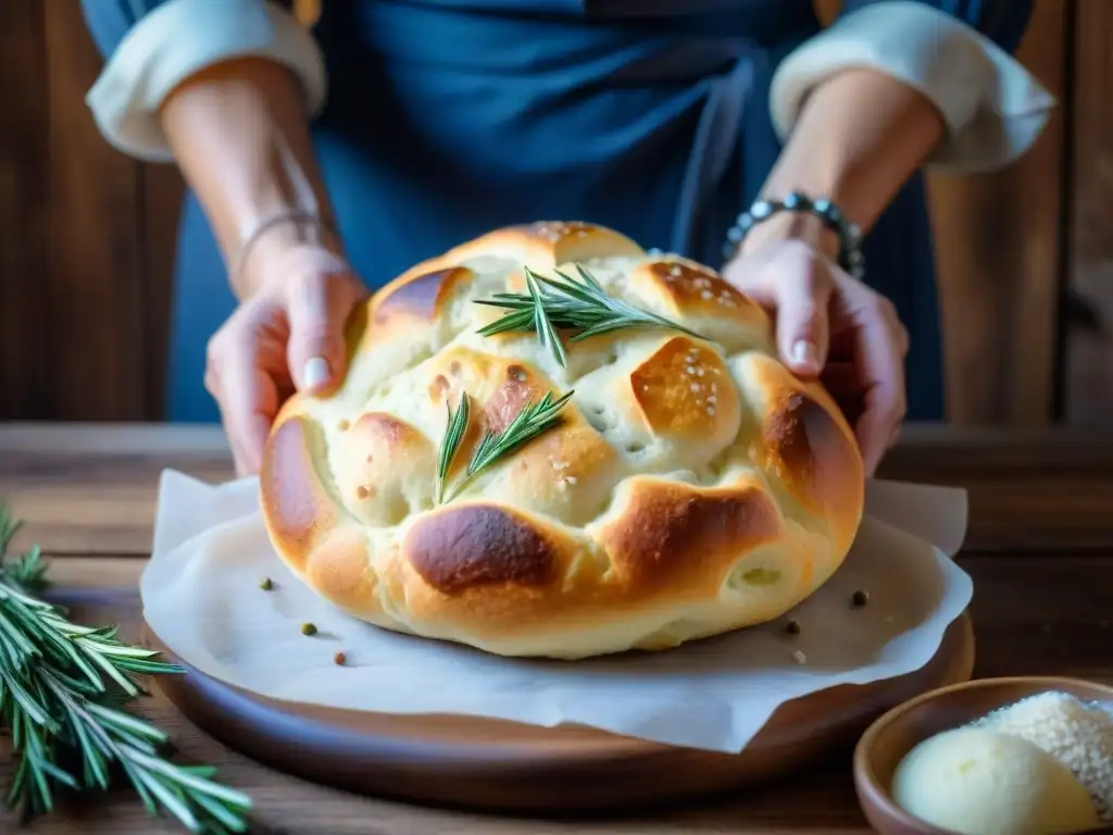 Manos amasando masa de focaccia pan tradicional italiana con romero y sal marina en un entorno rústico cálido