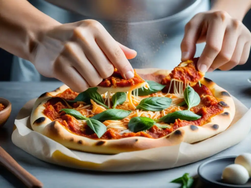 Manos amasando masa de pizza con kimchi, fusionando sabores italianos y coreanos en la receta