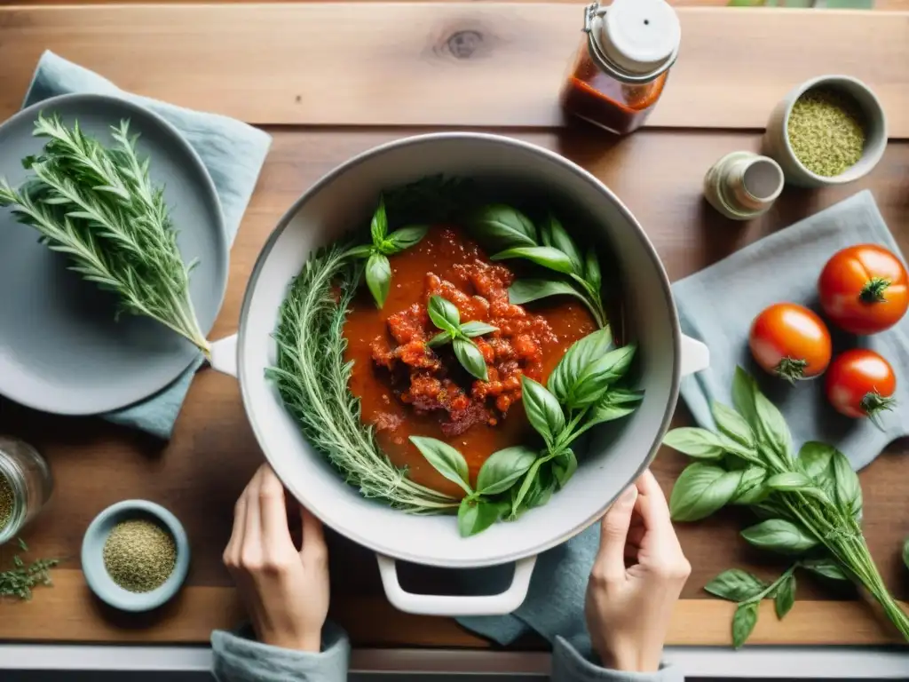 Manos esparciendo mezclas de hierbas italianas caseras sobre una olla de salsa de tomate casera en una mesa de madera rústica con hierbas frescas