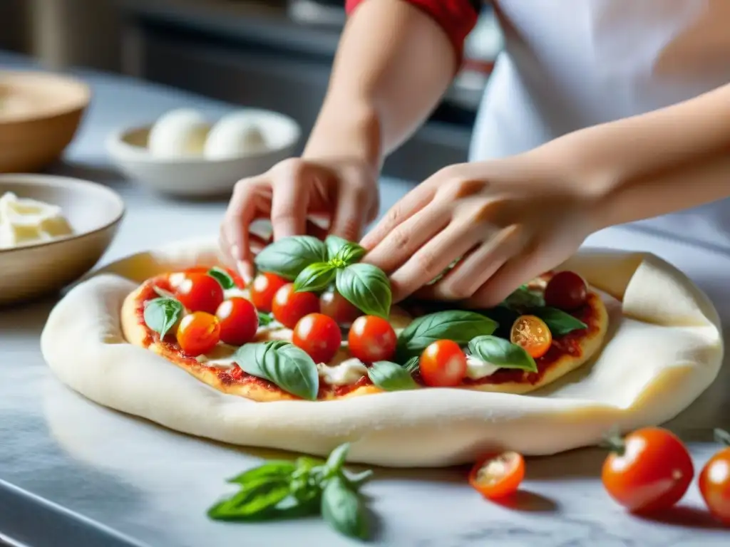 Manos de niño amasando masa de pizza rodeadas de ingredientes coloridos y luz natural cálida