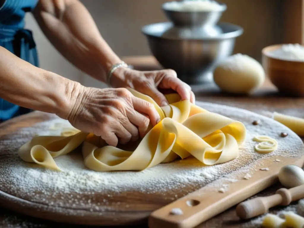 Manos de una nonna experta moldeando pasta fresca con utensilios cocina italiana tradicionales