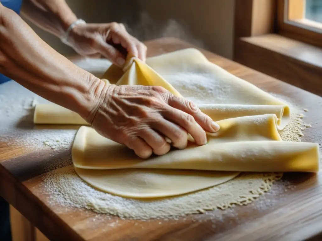 Las manos de una nonna italiana experta en pasta, creando recetas italianas con sabor tradicional