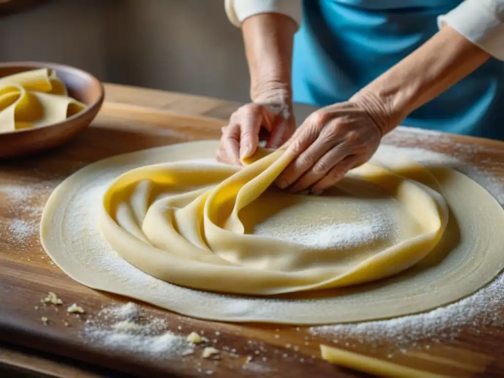 Manos de una nonna italiana experta en pasta fresca, creando tradición y sabor