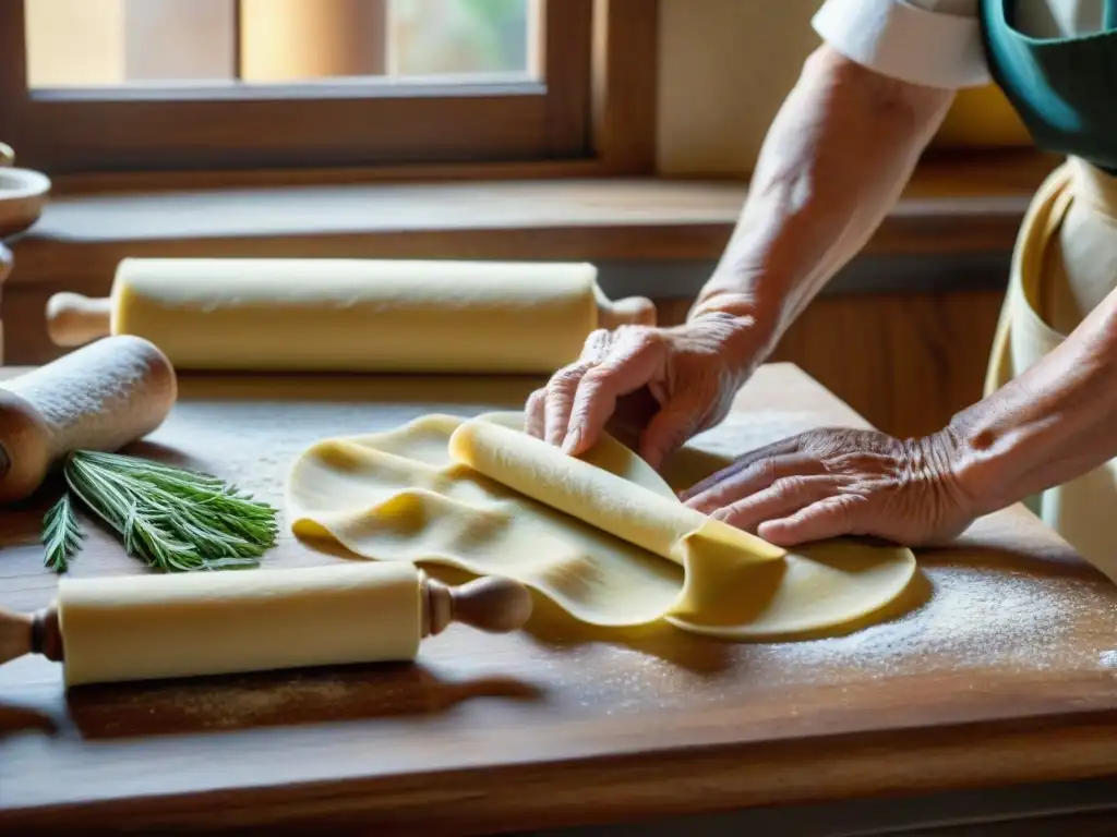 Manos expertas de nonna: tradición culinaria italiana Manos de nonna italiana expertas en pasta, con utensilios y fotos antiguas en cocina rústica