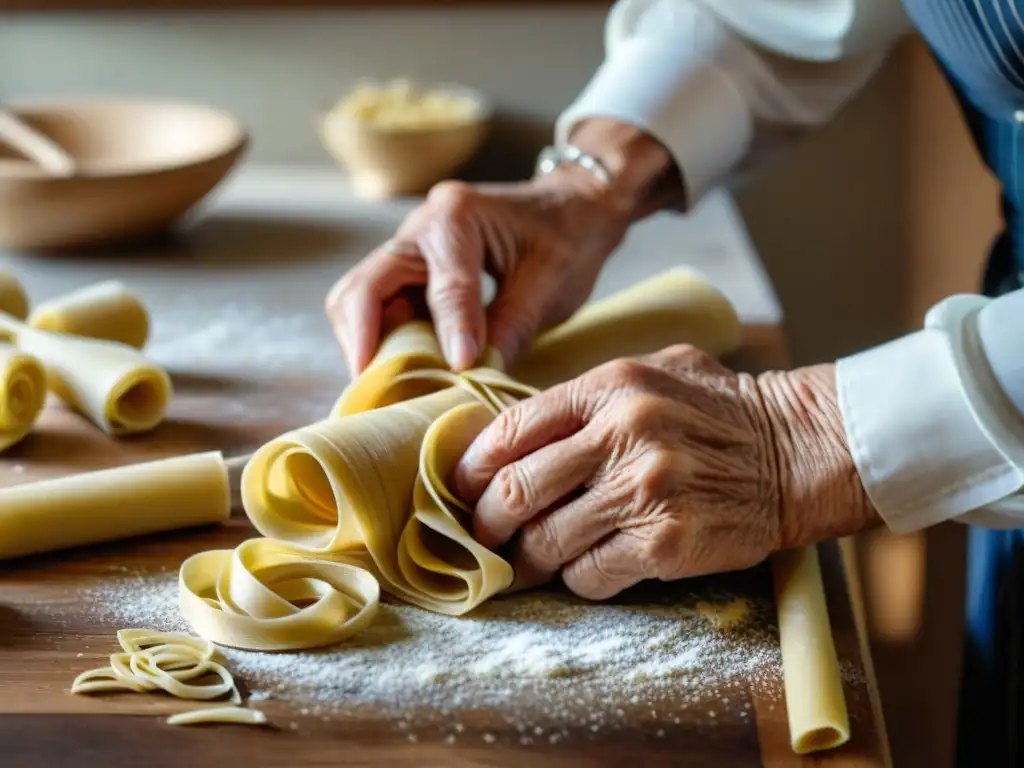 Manos de nonna italiana expertas en amasar pasta, tradición musical en cocina italiana