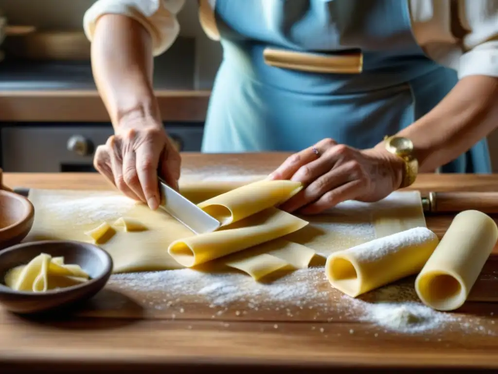 Manos de una nonna italiana amasando pasta con utensilios tradicionales en cocina vintage