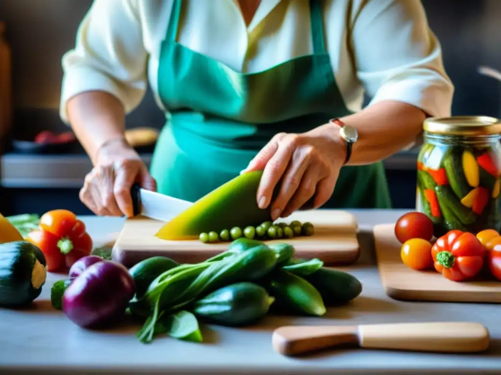 Las manos de una nonna italiana cortando vegetales para conservas, mostrando la precisión en la preparación de ingredientes para encurtidos