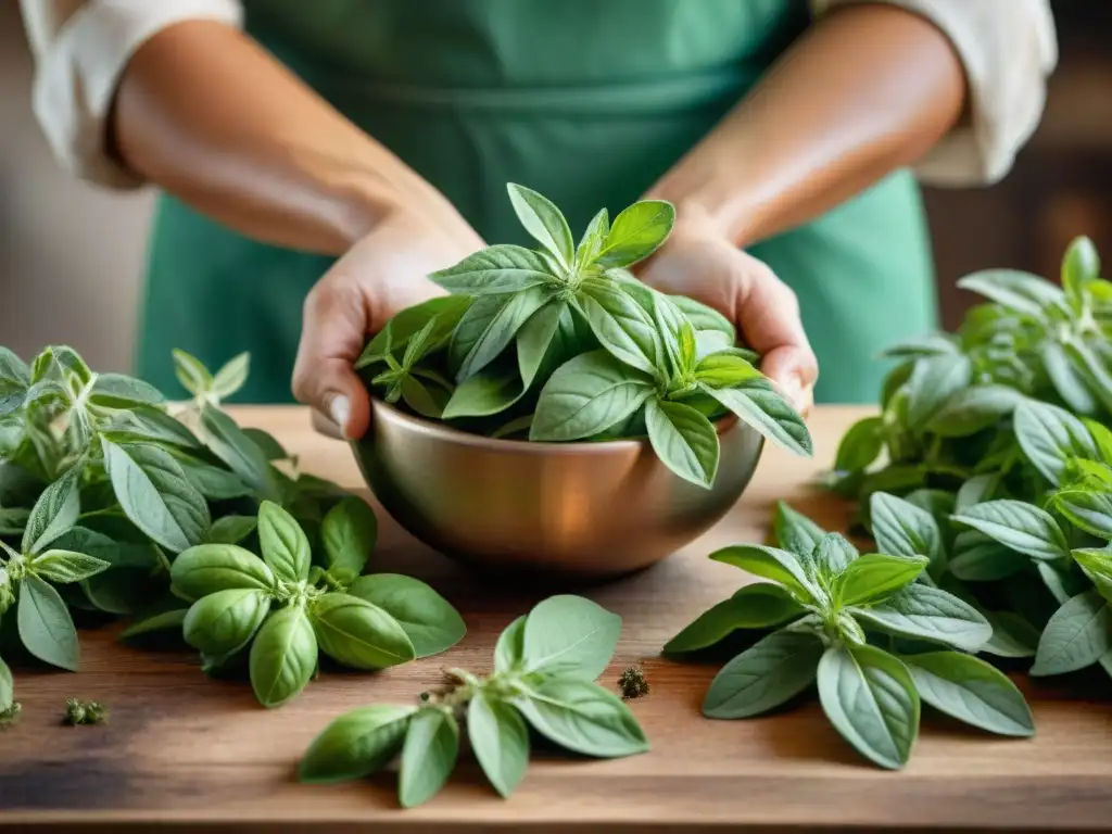 Manos seleccionando orégano fresco con utensilios de cocina italianos