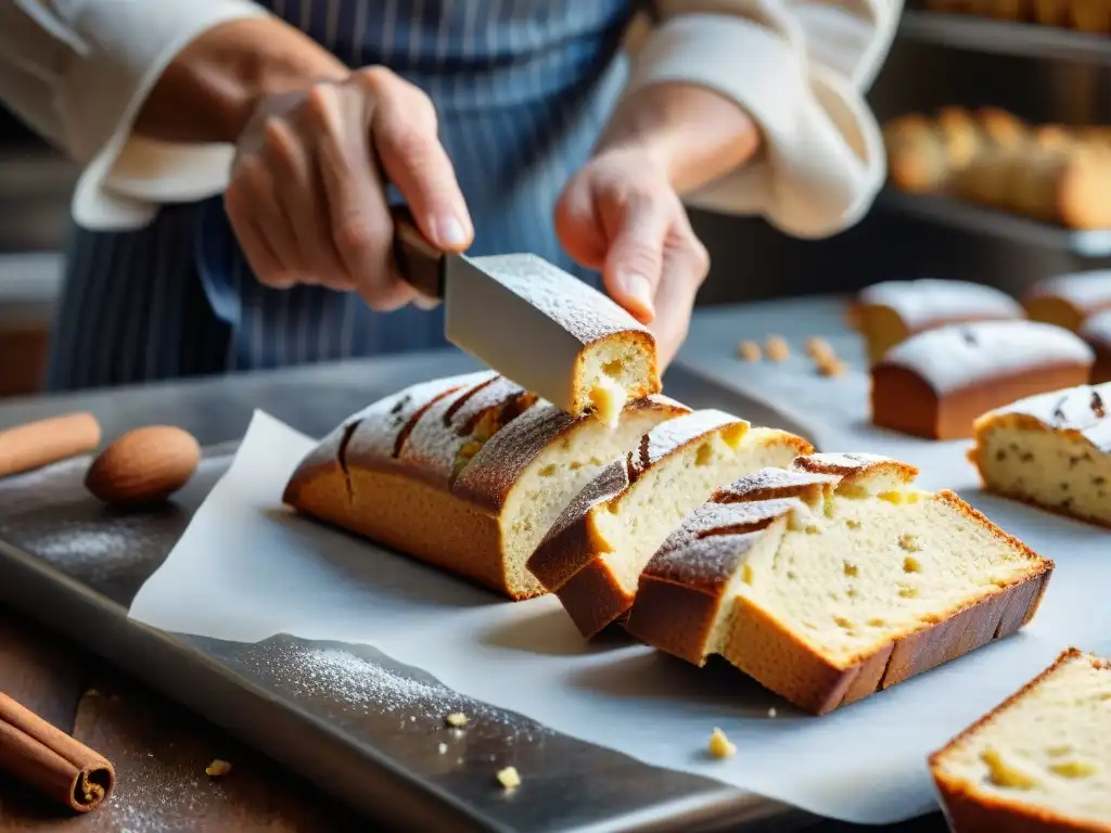 Manos de panadero cortando biscotti de almendra recién horneado en una cocina rústica