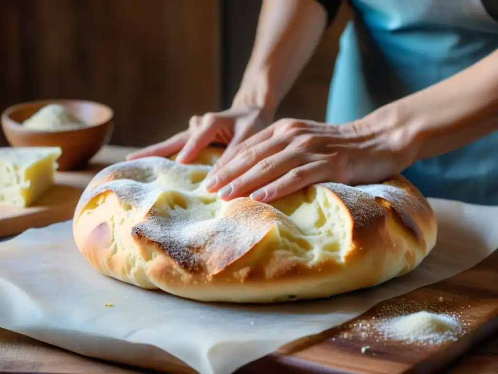 Manos de panadero moldeando con destreza la masa para una Focaccia perfecta en casa, sobre una encimera de madera rústica