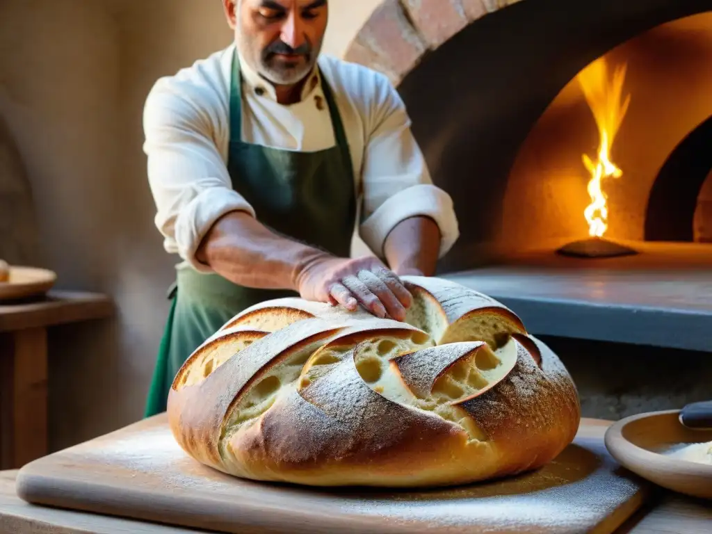 Las manos del panadero experto moldean con cuidado un rústico pan Pane Pugliese frente al horno de piedra italiano