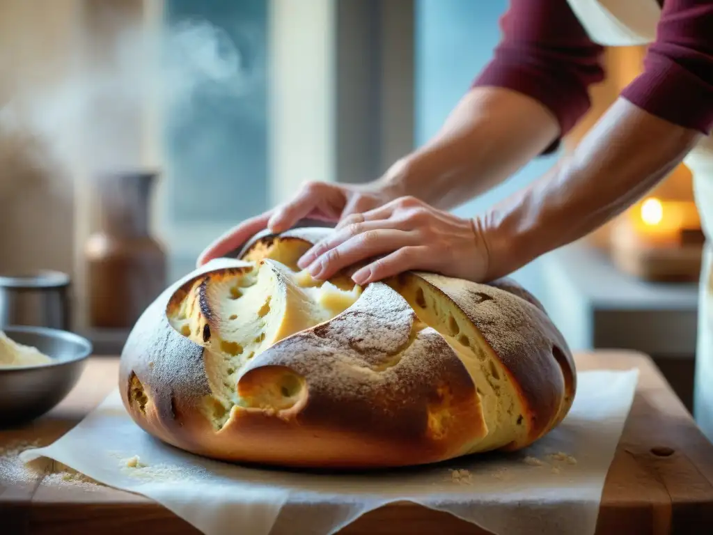 Unas manos de panadero experto amasan con destreza una suave masa para panettone casero fácil, en una escena llena de tradición y magia